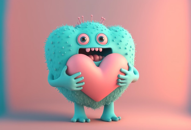 Personagem 3D é um monstro fofo segurando um coração Engraçado alienígena dentuço dá coração confessa seu amor em fundo pastel gerado por IA