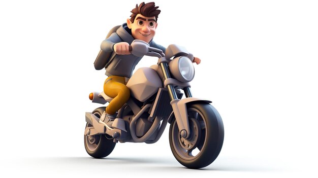 Personagem 3D em uma motocicleta