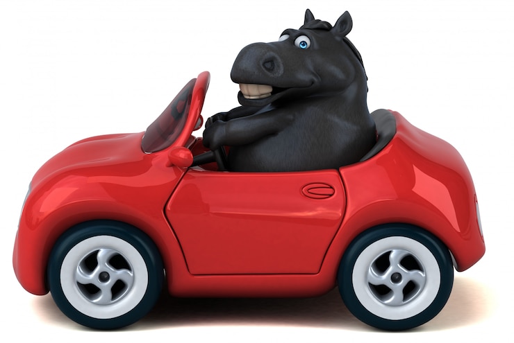 Foto personagem 3d engraçado cavalo dirigindo um carro