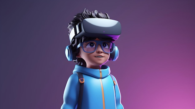 Personagem 3D explorando um mundo digital com óculos de realidade virtual