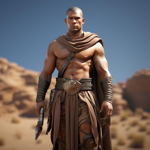 Personagem 3D Gladiador masculino musculoso bronzeado segurando uma Gladius Arena Campeão Jogo Asset Design Art