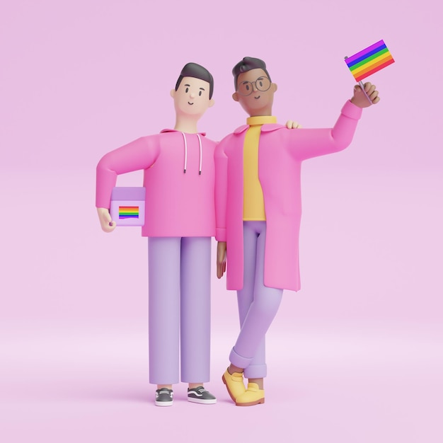 Personagem 3D Homem LGBTQ Orgulho Casal Homossexual Amor Namorados Amigos Mulher Homens Feliz