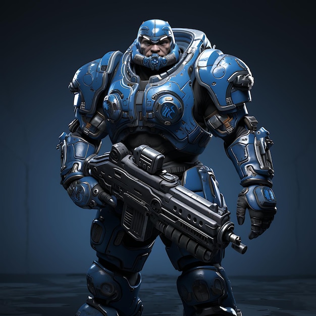 Foto personagem 3d homem marines espaciais azul galáctico duro segurando um fuzil de energia arte de design de ativos de jogo