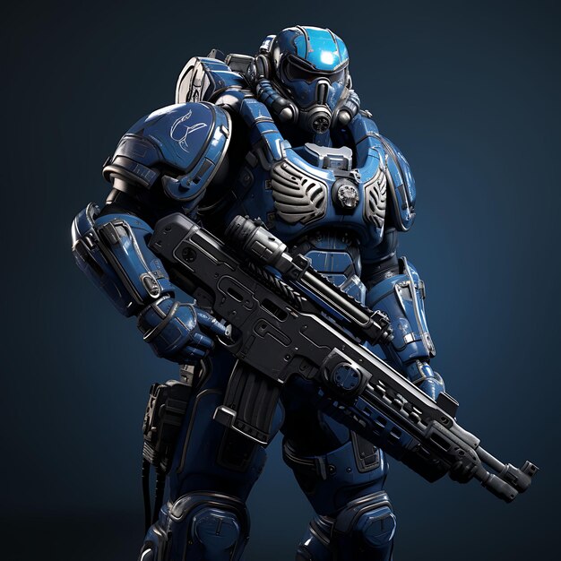 Foto personagem 3d homem marines espaciais azul galáctico duro segurando um fuzil de energia arte de design de ativos de jogo