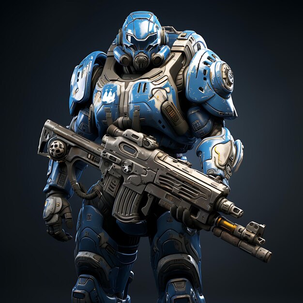 Foto personagem 3d homem marines espaciais azul galáctico duro segurando um fuzil de energia arte de design de ativos de jogo