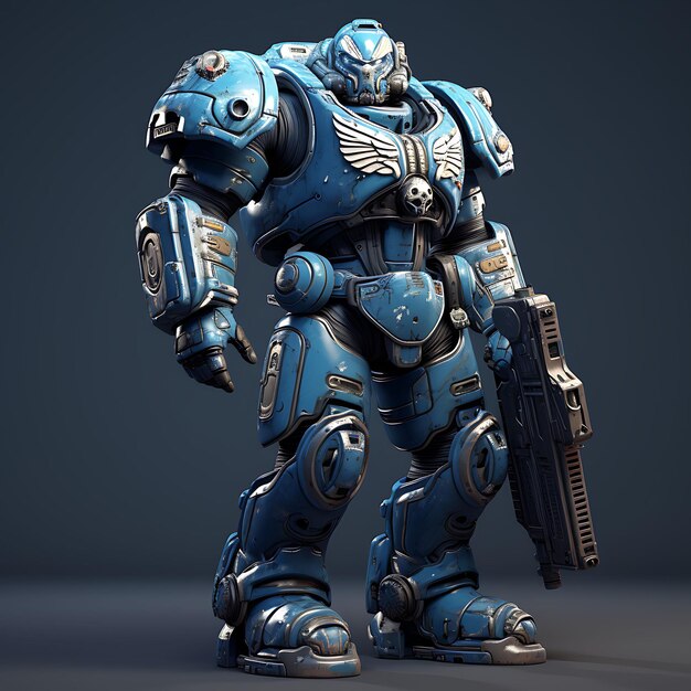 Foto personagem 3d homem marines espaciais azul galáctico duro segurando um fuzil de energia arte de design de ativos de jogo