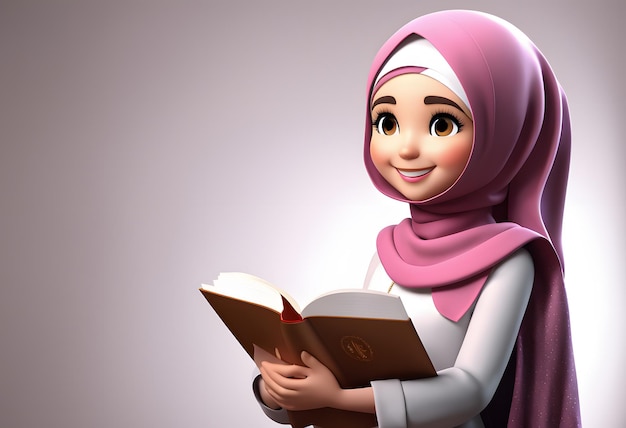 Personagem 3D muçulmana hijab menina sorriso bonito ler livro