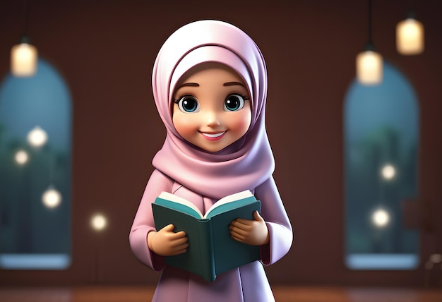 Personagem 3D muçulmana hijab menina sorriso bonito ler livro