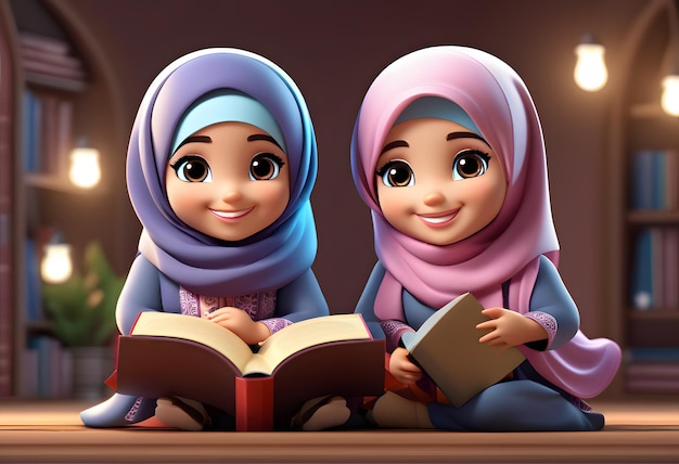 Personagem 3D muçulmana hijab menina sorriso bonito ler livro