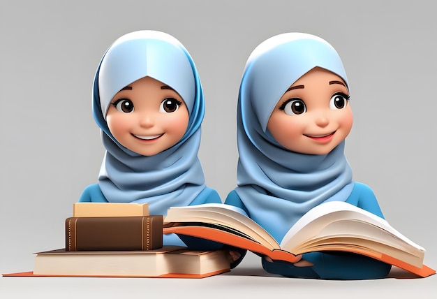 Personagem 3D muçulmana hijab menina sorriso bonito ler livro