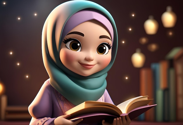 Personagem 3D muçulmana hijab menina sorriso bonito ler livro