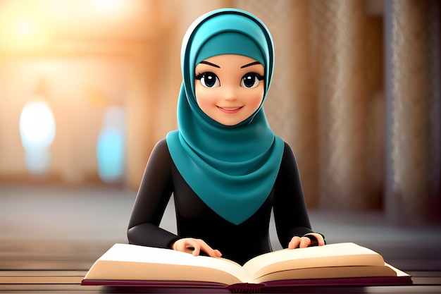 Personagem 3D muçulmana hijab menina sorriso bonito ler livro