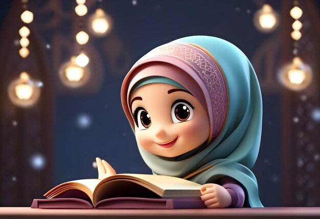 Personagem 3D muçulmana hijab menina sorriso bonito ler livro