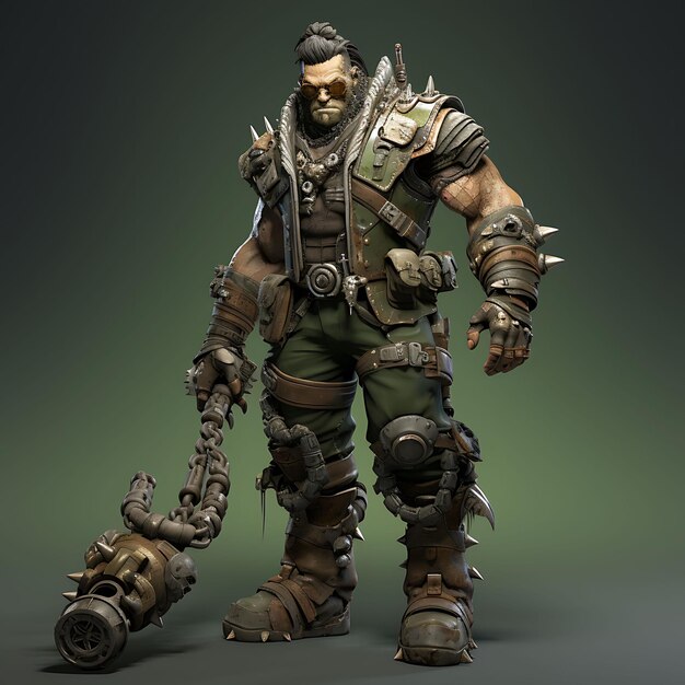 Foto personagem 3d orc masculino com pele verde musculosa segurando um steam maul steampunk jogo asset design art