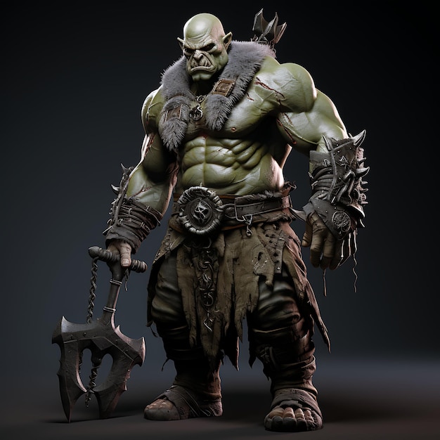 Personagem 3D Orc masculino Verde musculoso segurando um machado de batalha Berserker Skull Jogo Asset Design Art