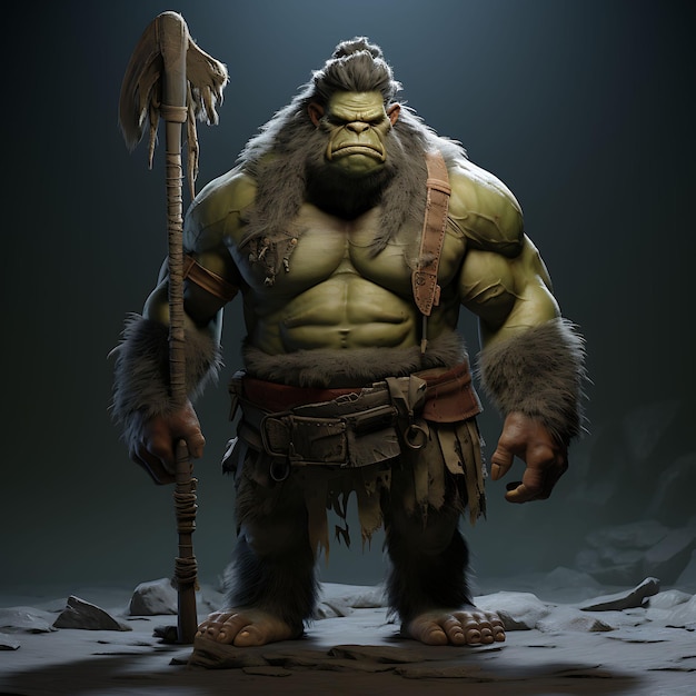 Foto personagem 3d troll masculino bulky moss green segurando um clube savage brute tusk jogo asset design art