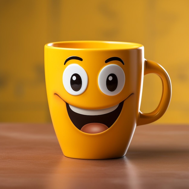 Personagem adorável de xícara de café em pano de fundo amarelo ostentando um sorriso Copiar atmosfera amigável para redes sociais