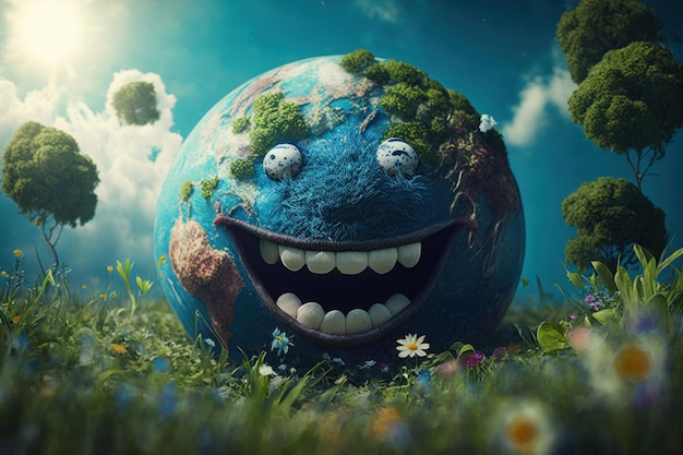 Personagem alegre da Terra rindo fundo Feliz Dia da Terra Dia mundial do riso Generative ai