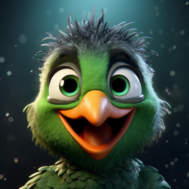 Personagem animado de pele verde com pinturas realistas de pássaros em Cinema4d