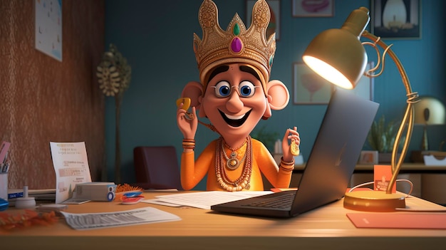 Personagem animado em um ambiente de escritório com uma lâmpada de mesa de laptop e vários suprimentos de escritório
