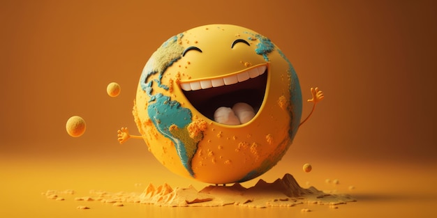 Personagem bonito da Terra rindo em fundo amarelo Feliz Dia da Terra Dia mundial do riso Generative ai