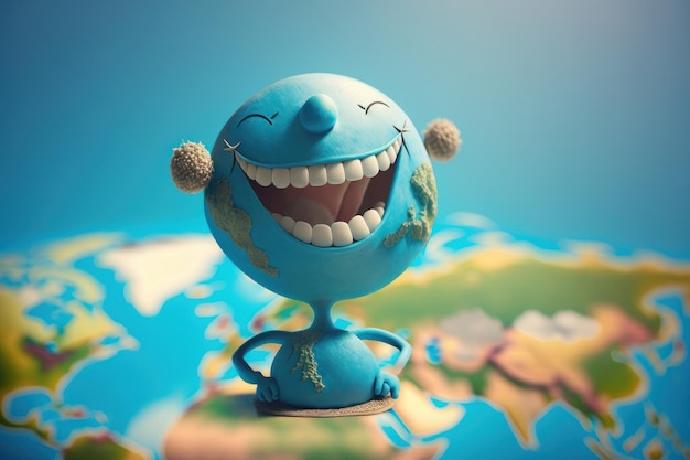 Personagem bonito da terra rindo no fundo do céu azul Feliz Dia da Terra Dia mundial do riso