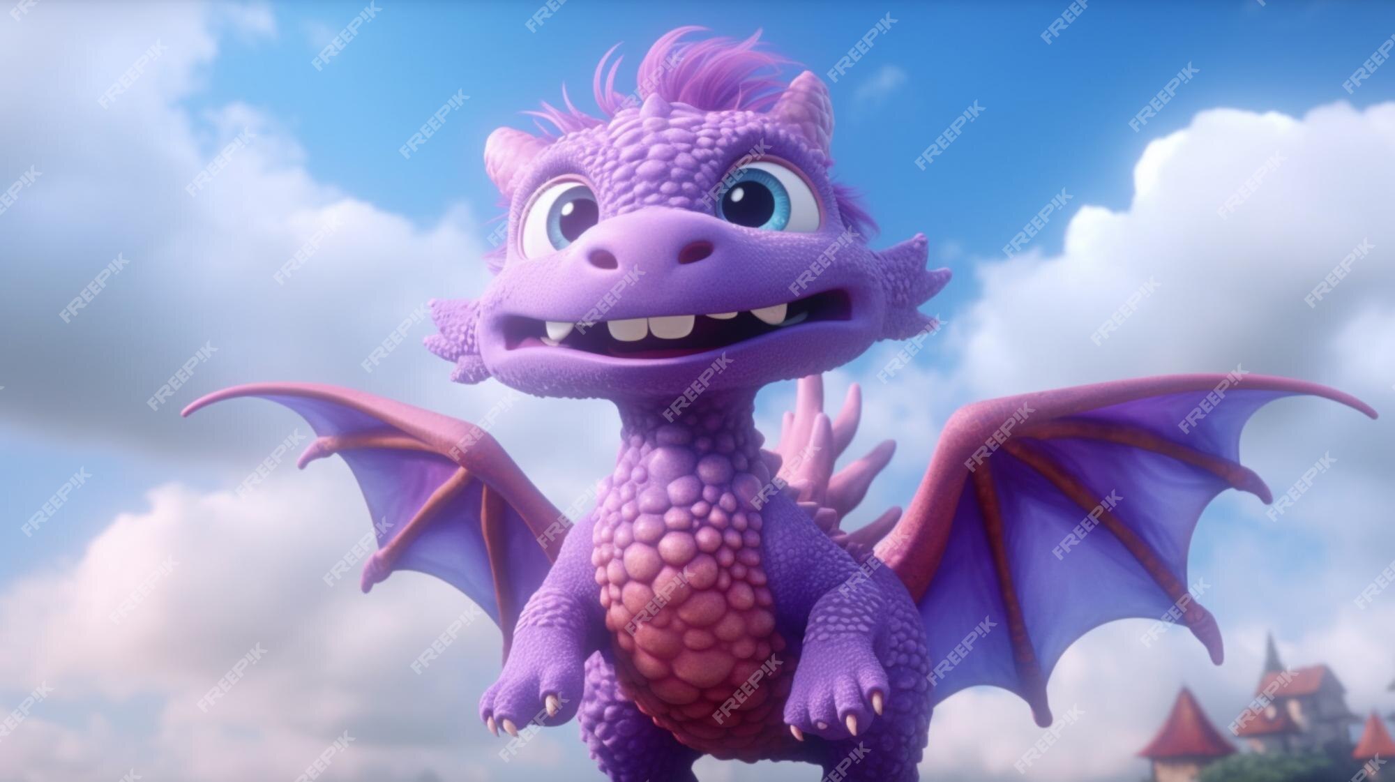 Dragão Bonito Do Bebê Na Ação De Voo. Monstro Roxo Mítico Com Grandes Olhos  E Pequenas Asas. Personagem De Desenho Animado Fantástico. Design De Vetor  Plana Para Celular Ou Jogo De Computador