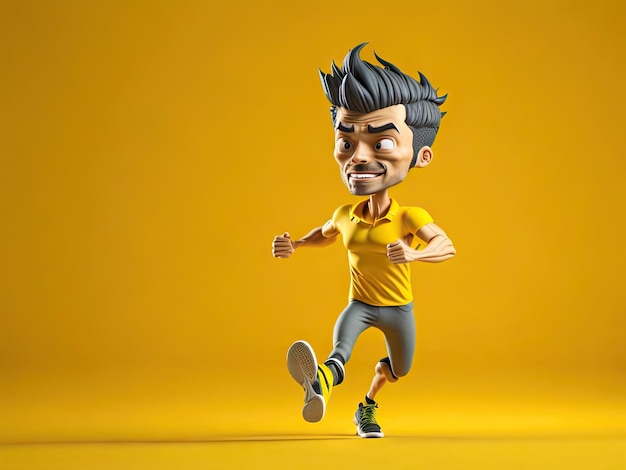 Personagem bonito do homem corredor 3d em ação no fundo amarelo ai generative