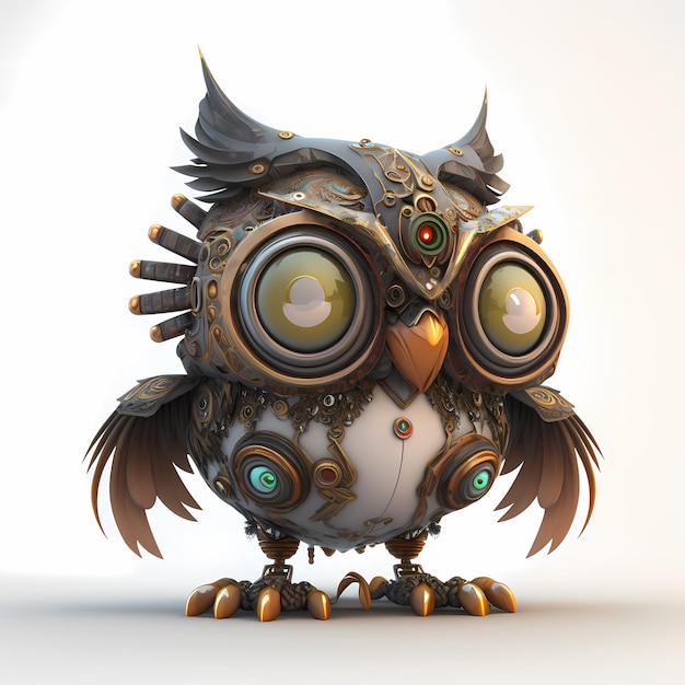 personagem cartoon Owl steampunk 3D, com corpo robótico