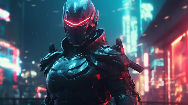 Personagem ciborgue samurai épico em estilo cyberpunk