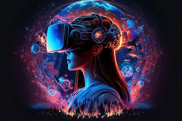 Personagem com fone de ouvido VR para jogos futuristas em tecnologia com IA generativa