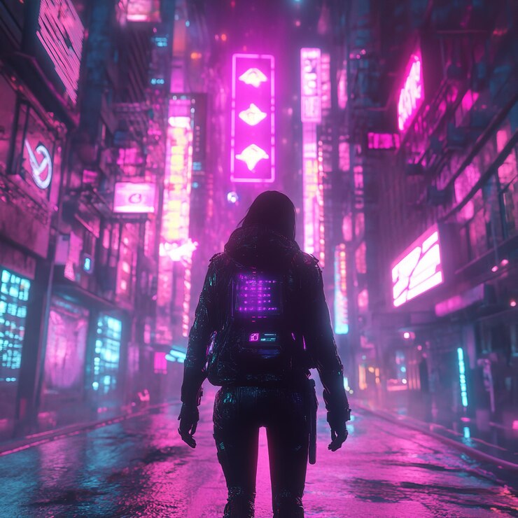 Foto personagem cyberpunk em uma cidade futurista com luzes de néon 8k