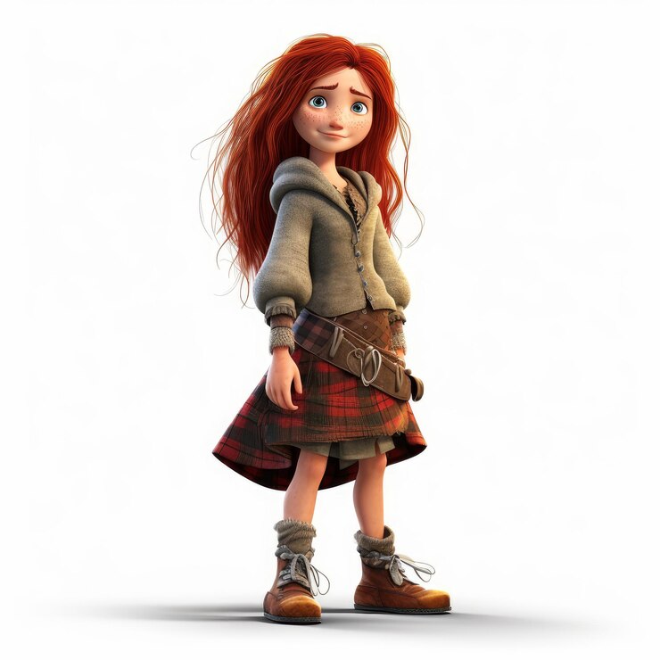 Foto personagem da pixar de estilo medieval com longos cabelos ruivos e grandes
