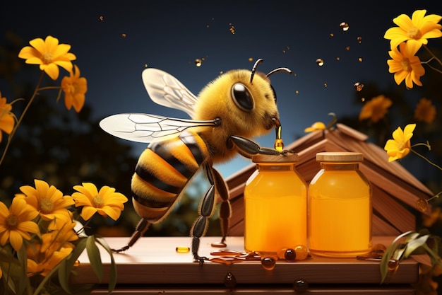 Personagem de abelha relaxa nas ondas da colméia perto de potes de mel abelhas vibram delícias campestres