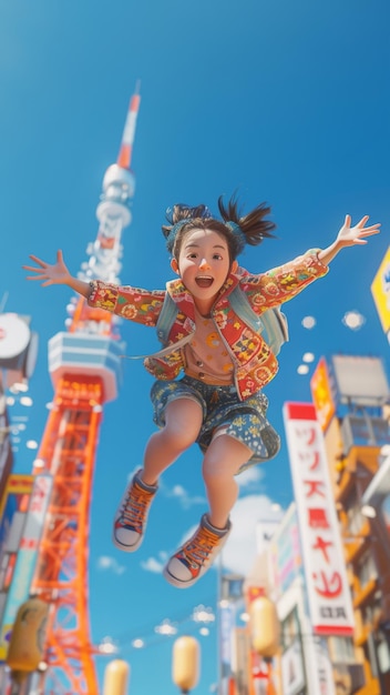 Personagem de animação pulando alegremente sobre uma animada cena de rua de tóquio em um dia ensolarado