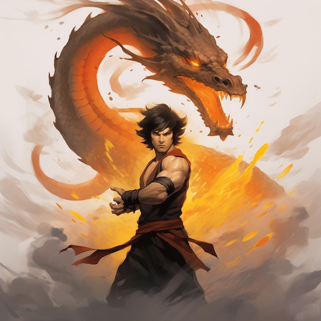 Foto personagem de anime com um dragão nas costas e uma espada na mão generativa ai
