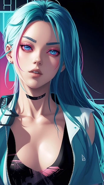 Personagem de anime moderno com cores vibrantes do estilo cyberpunk