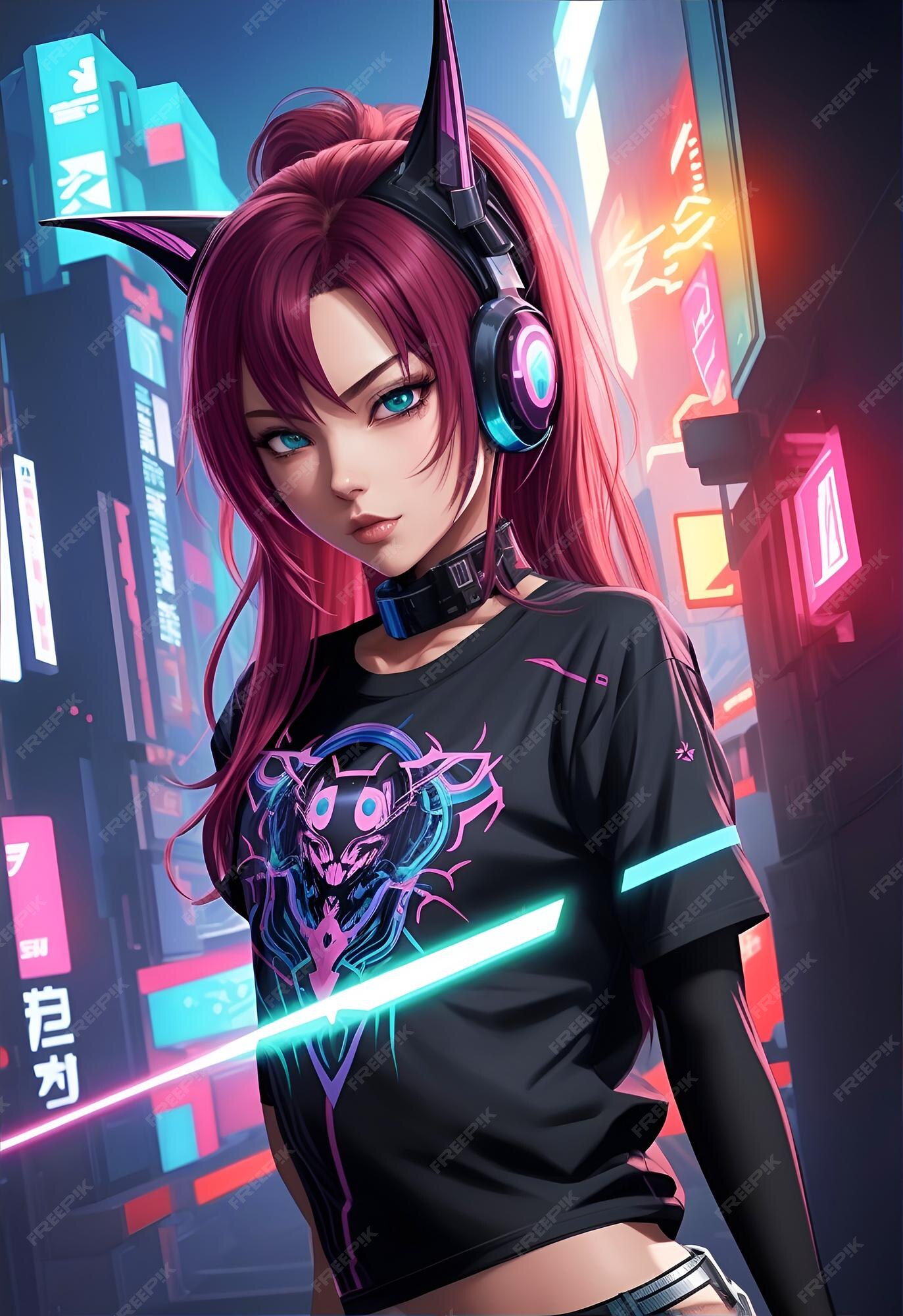 Personagem de anime moderno com cores vibrantes do estilo cyberpunk