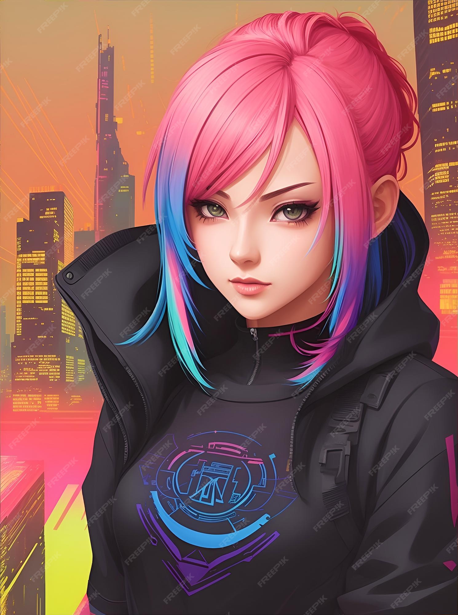Personagem de anime moderno com cores vibrantes do estilo cyberpunk