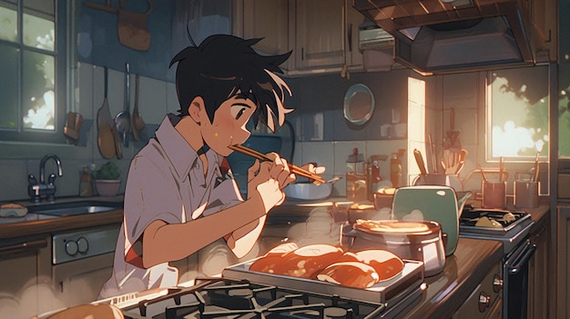 Personagem de anime na cozinha com comida e utensílios no fogão generative ai