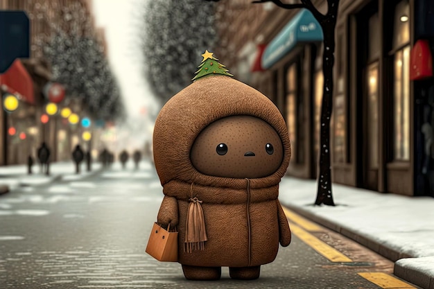 Personagem de árvore de natal marrom fofo e solitário andando na cidade