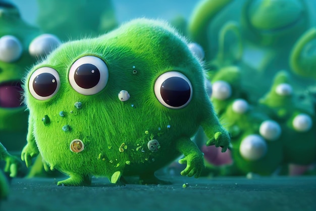 Personagem de bactérias bonitos com corpo sujo fofo mascote de micróbio verde engraçado com muitos olhos isolados em