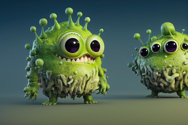 Personagem de bactérias feias e fofas com cara assustadora duas células de vírus em forma de monstro alienígena isolado em gra