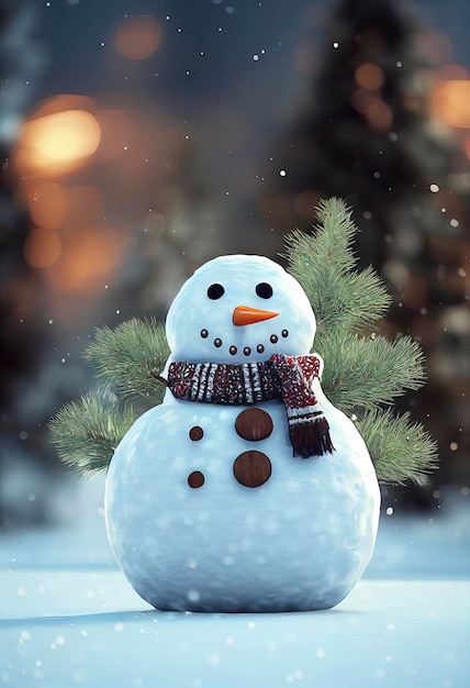 Personagem de boneco de neve de Natal boneco de neve fofo na ilustração animada de cenário de natal