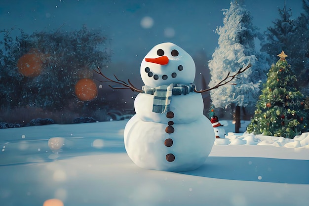 Personagem de boneco de neve de Natal boneco de neve fofo na ilustração animada de cenário de natal