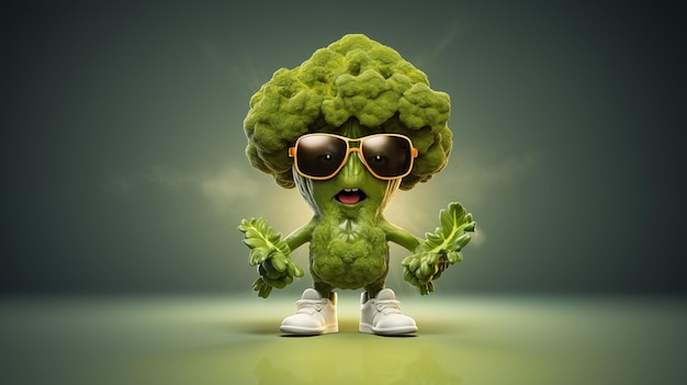 Personagem de brócolis com óculos de sol gritando informações importantes conceito de publicidade de espaço de cópia