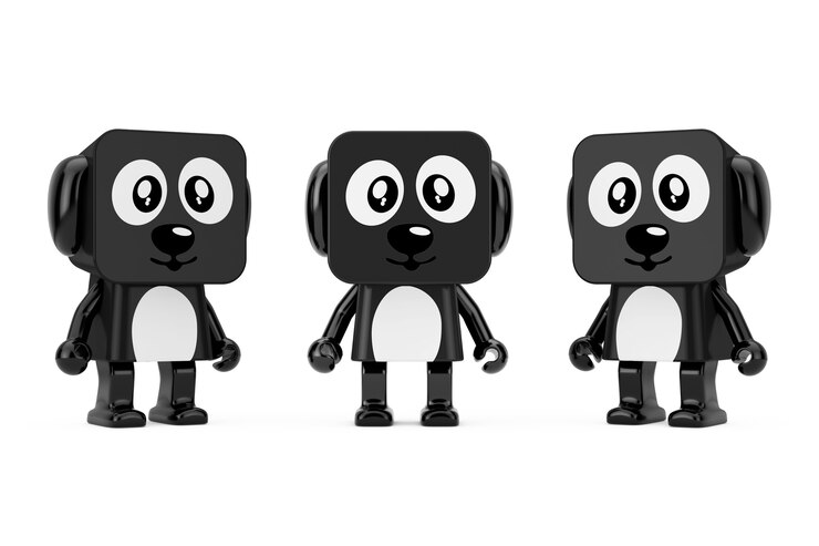 Foto personagem de cachorro de brinquedo bonito dos desenhos animados pretos sobre um fundo branco. renderização 3d