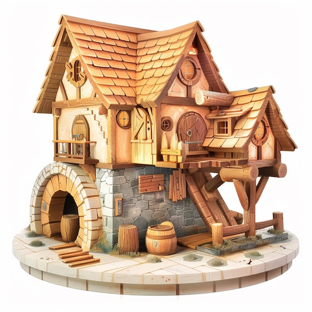 personagem de casa de madeira de desenho animado 3D isolado em branco