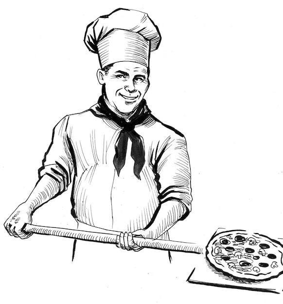 Personagem de chef com uma pizza. Desenho de tinta preto e branco