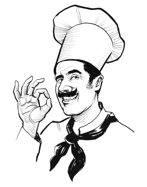 Personagem de chef italiano. Desenho de tinta preto e branco